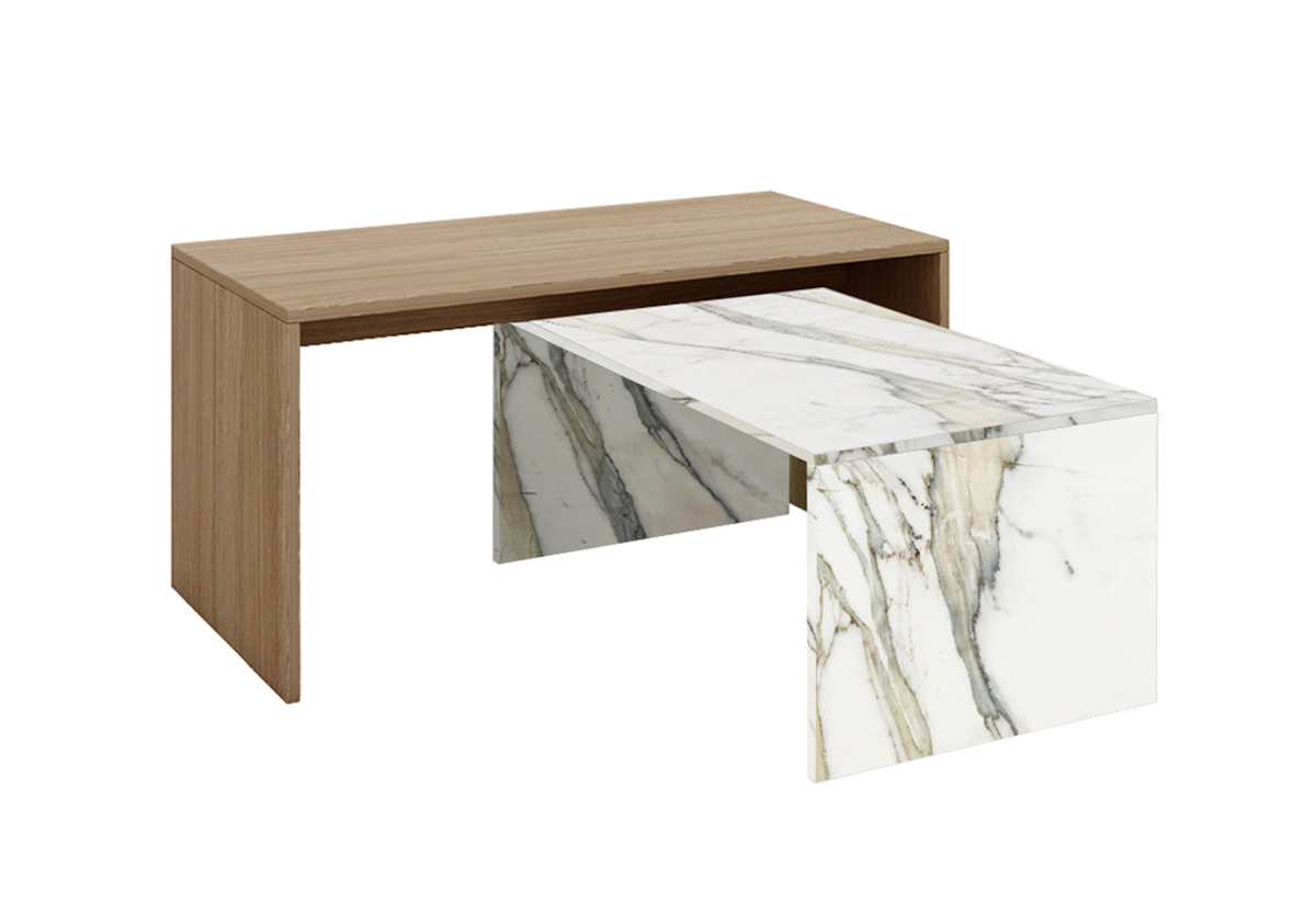 Απεικονίζεται το ένα τραπέζι κάτω από το άλλο σε ορθή γωνία.